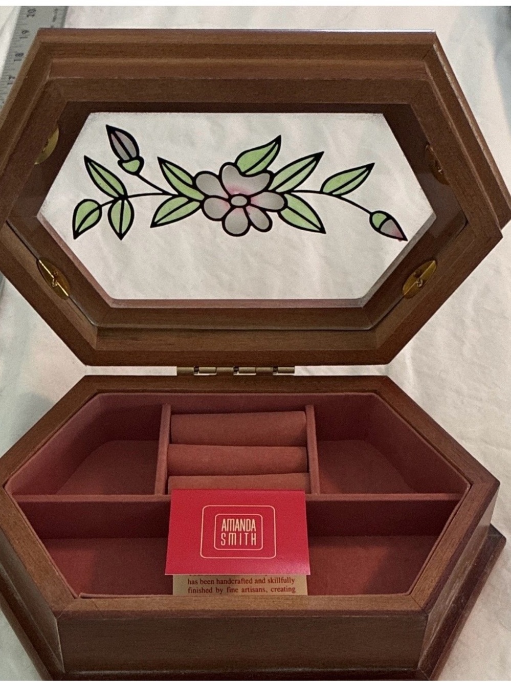 Amanda Smith Wooden Jewelry Box with Pink Lining and Stained Glass Lid